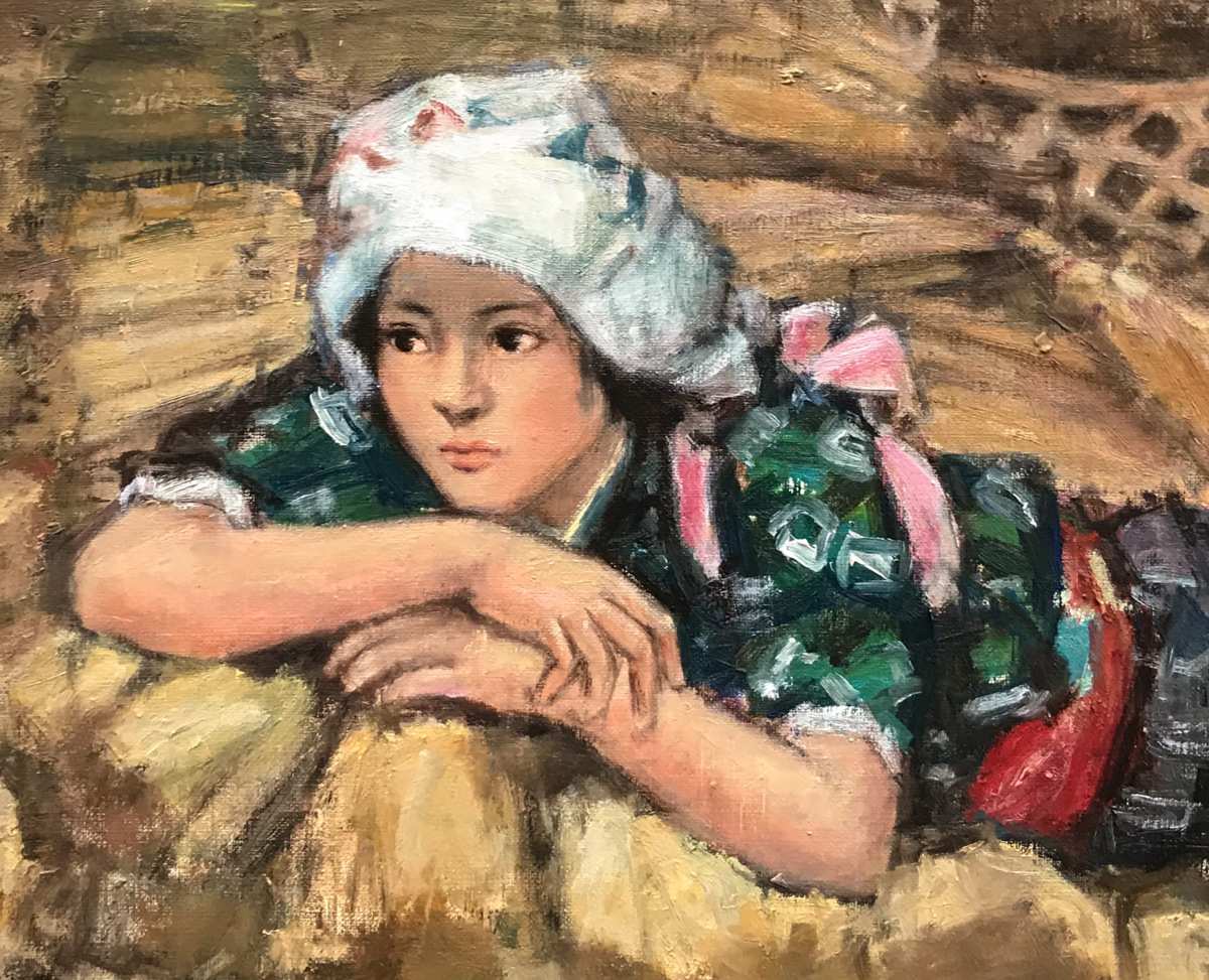 上品な 肉筆油彩絵画 アンティーク絵画 「刺繍をする女性